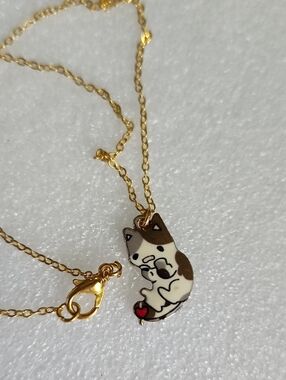 Hand Crafted Gold-Tone Calico Cat Pendant Necklace with Red Accent